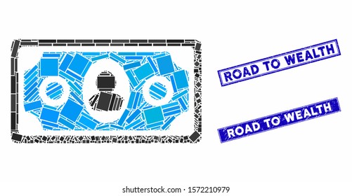 Mosaic banknote pictogram and rectangular Road to Wealth seal stamps. Flat vector banknote mosaic icon of randomized rotated rectangular elements. Blue Road to Wealth seal stamps with grunged texture.