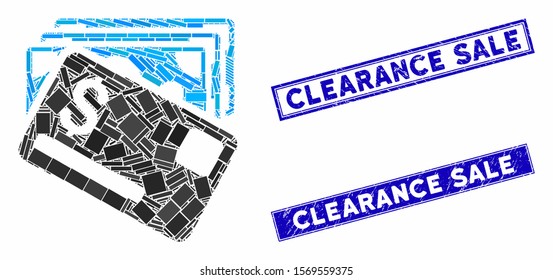 Mosaic banknotes and card pictogram and rectangular watermarks. Flat vector banknotes and card mosaic pictogram of randomized rotated rectangular items. Blue caption watermarks with rubber texture.