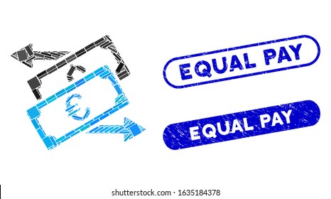 Mosaic banknotes exchange and corroded stamp seals with Equal Pay text. Mosaic vector banknotes exchange is created with scattered rectangle items. Equal Pay stamp seals use blue color,