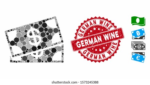 Mosaic banknotes icon and distressed stamp seal with German Wine caption. Mosaic vector is composed with banknotes icon and with randomized circle elements. German Wine stamp seal uses red color,