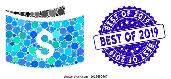 Mosaic banknotes icon and distressed stamp watermark with Best of 2019 caption. Mosaic vector is composed from banknotes icon and with scattered round elements.