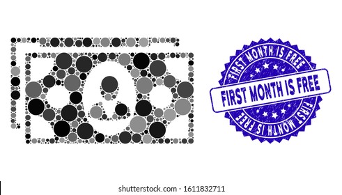 Mosaic banknotes icon and grunge stamp watermark with First Month Is Free text. Mosaic vector is created with banknotes icon and with scattered spheric elements.