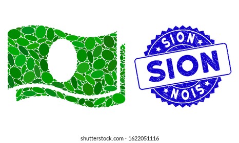 Mosaic banknotes icon and grunge stamp seal with Sion text. Mosaic vector is designed from banknotes icon and with scattered oval items. Sion stamp seal uses blue color, and rubber texture.