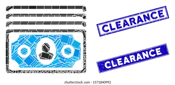 Mosaic banknotes icon and rectangular Clearance rubber prints. Flat vector banknotes mosaic pictogram of scattered rotated rectangular elements. Blue Clearance rubber seals with rubber surface.