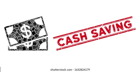 Mosaic banknotes icon and red Cash Saving seal stamp between double parallel lines. Flat vector banknotes mosaic icon of scattered rotated rectangular items.