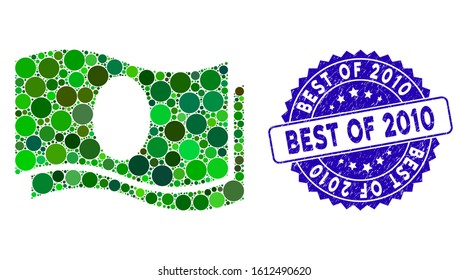 Mosaic banknotes icon and rubber stamp seal with Best of 2010 caption. Mosaic vector is composed with banknotes icon and with randomized circle elements. Best of 2010 seal uses blue color,