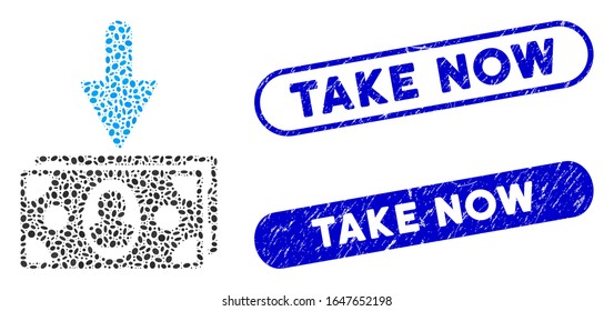 Mosaic banknotes income and distressed stamp seals with Take Now caption. Mosaic vector banknotes income is created with random oval pieces. Take Now stamp seals use blue color,