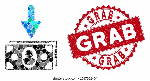 Mosaic banknotes income and grunge stamp seal with Grab caption. Mosaic vector is created from banknotes income icon and with scattered round spots. Grab stamp seal uses red color,
