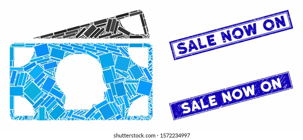 Mosaic banknotes pictogram and rectangular Sale Now On stamps. Flat vector banknotes mosaic pictogram of random rotated rectangular elements. Blue Sale Now On rubber stamps with distress textures.