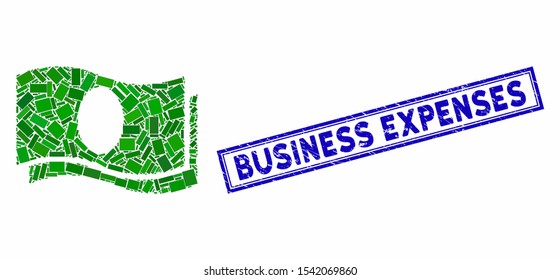 Mosaic banknotes and rubber stamp seal with Business Expenses caption. Mosaic vector banknotes is formed with scattered rectangle items. Business Expenses stamp seal uses blue color.
