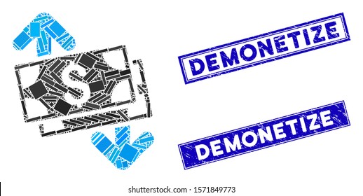 Mosaic banknotes spending icon and rectangle Demonetize seal stamps. Flat vector banknotes spending mosaic icon of randomized rotated rectangle items.