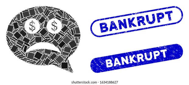 Mosaic bankrupt and rubber stamp seals with Bankrupt phrase. Mosaic vector bankrupt is formed with randomized rectangles. Bankrupt stamp seals use blue color, and have round rectangle shape.