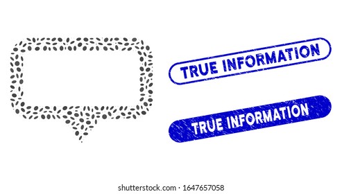 Marcador de mapa de banners mosaico y sellos de sellos corroídos con la leyenda Información verdadera. El marcador de mapa de banner vectorial mosaico está compuesto por puntos elípticos aleatorizados. Los sellos de sello True Information utilizan color azul,