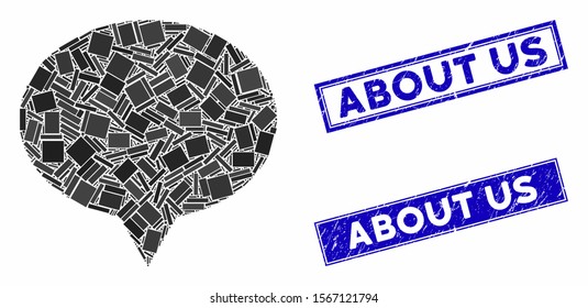 Mosaic banner pictogram and rectangular rubber prints. Flat vector banner mosaic pictogram of random rotated rectangular items. Blue caption stamps with distress texture.