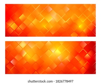 Mosaic banners 3d, orange red glittering square pattern vector design.