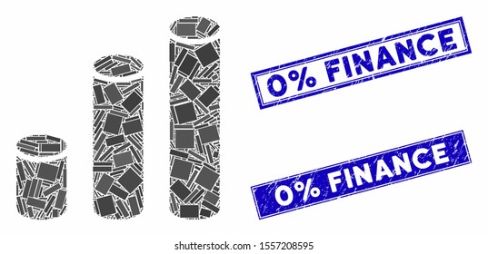 Mosaic bar chart cylinders icon and rectangle seal stamps. Flat vector bar chart cylinders mosaic icon of random rotated rectangle items. Blue caption rubber stamps with rubber texture.