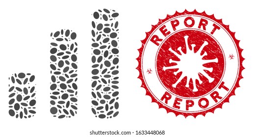 Mosaic bar chart cylinders icon and red rounded distressed stamp seal with Report text and coronavirus symbol. Mosaic vector is created with bar chart cylinders icon and with scattered elliptic items.