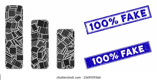 Mosaic bar chart decrease icon and rectangular rubber prints. Flat vector bar chart decrease mosaic icon of random rotated rectangular elements. Blue caption seal stamps with grunge textures.