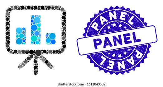 Mosaic bar chart display board icon and rubber stamp seal with Panel phrase. Mosaic vector is formed with bar chart display board icon and with randomized round items.