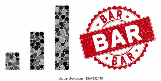 Mosaic bar chart and distressed stamp seal with Bar caption. Mosaic vector is formed with bar chart icon and with scattered circle items. Bar stamp seal uses red color, and distress surface.