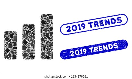 Mosaic bar chart increase and corroded stamp seals with 2019 Trends phrase. Mosaic vector bar chart increase is composed with random rectangle items. 2019 Trends stamp seals use blue color,
