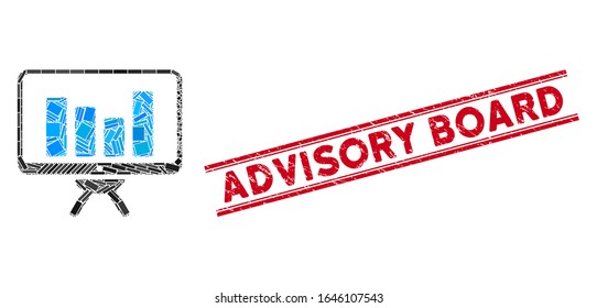 Mosaic bar chart monitoring pictogram and red Advisory Board seal stamp between double parallel lines. Flat vector bar chart monitoring mosaic pictogram of randomized rotated rectangle elements.