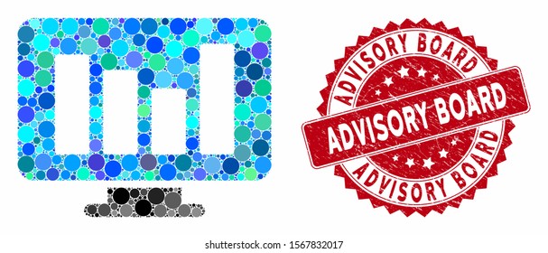 Mosaic Bar Chart Monitoring And Rubber Stamp Seal With Advisory Board Phrase. Mosaic Vector Is Formed With Bar Chart Monitoring Icon And With Randomized Circle Spots.