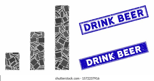Mosaic bar chart pictogram and rectangular Drink Beer seals. Flat vector bar chart mosaic pictogram of scattered rotated rectangular elements. Blue Drink Beer rubber seals with corroded textures.