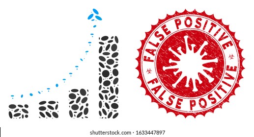 Mosaic bar chart positive trend icon and red rounded rubber stamp seal with False Positive phrase and coronavirus symbol.