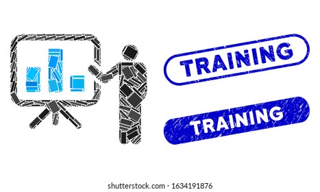 Mosaic bar chart presentation and grunge stamp seals with Training text. Mosaic vector bar chart presentation is composed with randomized rectangle items. Training stamp seals use blue color,