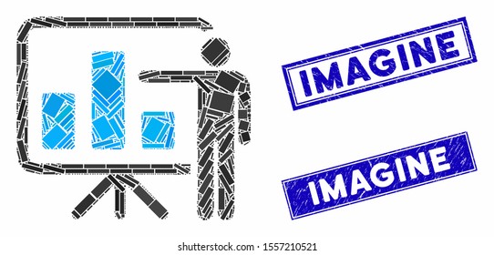 Mosaic bar chart presentation icon and rectangle rubber prints. Flat vector bar chart presentation mosaic icon of randomized rotated rectangular elements.