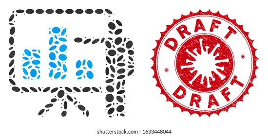 Mosaic bar chart presentation icon and red rounded grunge stamp watermark with Draft caption and coronavirus symbol.