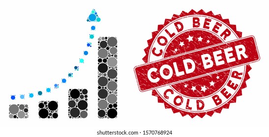 Mosaic bar chart trend and corroded stamp watermark with Cold Beer phrase. Mosaic vector is created with bar chart trend icon and with random circle spots. Cold Beer stamp uses red color,