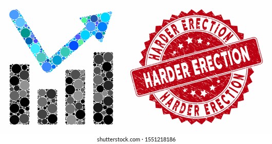 Mosaic bar chart trend and distressed stamp seal with Harder Erection text. Mosaic vector is formed from bar chart trend icon and with randomized circle spots.