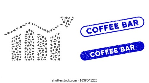Mosaic bar chart trend and distressed stamp seals with Coffee Bar phrase. Mosaic vector bar chart trend is composed with randomized ellipse items. Coffee Bar stamp seals use blue color,
