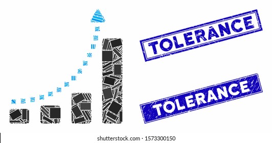 Mosaic bar chart trend icon and rectangle Tolerance watermarks. Flat vector bar chart trend mosaic icon of random rotated rectangle items. Blue Tolerance watermarks with grunged texture.