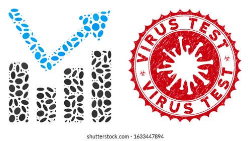 Mosaic bar chart trend icon and red round distressed stamp seal with Virus Test phrase and coronavirus symbol. Mosaic vector is composed from bar chart trend icon and with random elliptic elements.