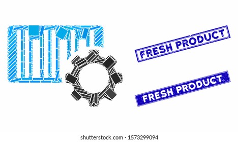 Mosaic bar code settings pictogram and rectangle Fresh Product seal stamps. Flat vector bar code settings mosaic pictogram of scattered rotated rectangle elements.