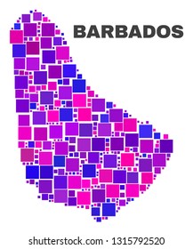 Mosaic Barbados map isolated on a white background. Vector geographic abstraction in pink and violet colors. Mosaic of Barbados map combined of random small squares.