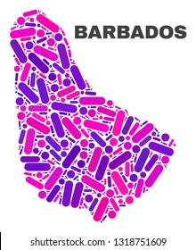 Mosaic Barbados map isolated on a white background. Vector geographic abstraction in pink and violet colors. Mosaic of Barbados map combined of random round dots and lines.