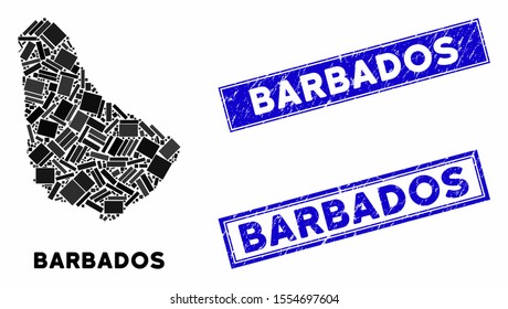 Mosaic Barbados map and rectangle seal stamps. Flat vector Barbados map mosaic of random rotated rectangular items. Blue caption seal stamps with grunge textures.