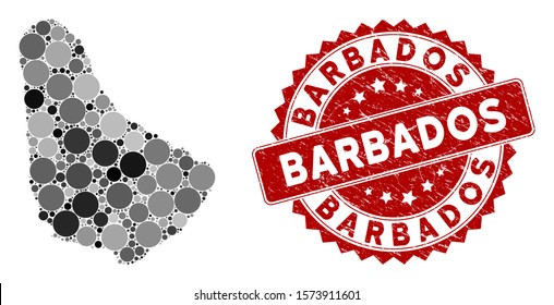 Mosaic Barbados map and round seal stamp. Flat vector Barbados map mosaic of randomized round items. Red stamp with grunged design. Designed for political and patriotic agitprop.