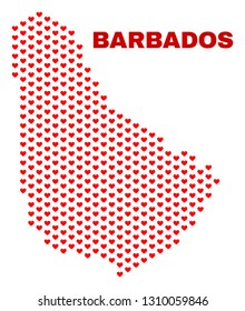 Mosaic Barbados map of valentine hearts in red color isolated on a white background. Regular red heart pattern in shape of Barbados map. Abstract design for Valentine decoration.