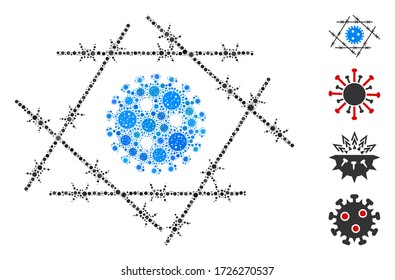 Coronavirus de alambre de púas mosaico diseñado a partir de elementos del virus covid-2019 en diferentes tamaños y colores. Los íconos virales vectoriales se organizan en un ícono abstracto del coronavirus de alambre de púas de mosaico.