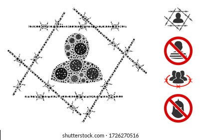 Mosaic barbed wire man constructed from SARS virus icons in different sizes and color hues. Vector pathogen icons are arranged into abstract mosaic barbed wire man icon. Some bonus icons are added.