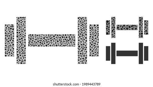 Mosaic Barbell icon organized from tremulant items in various sizes, positions and proportions. Vector raggy spots are combined into abstract mosaic barbell icon.