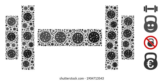 Mosaic barbell organized from covid-2019 virus elements in various sizes and color hues. Vector infection items are composed into abstract mosaic barbell icon. Some bonus icons are added.
