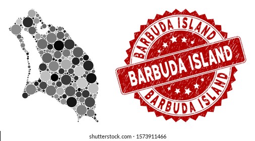 Mosaic Barbuda Island map and circle rubber print. Flat vector Barbuda Island map mosaic of random circle elements. Red rubber stamp with scratched design.