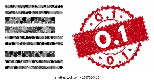 Mosaic barcode and grunge stamp watermark with 0.1 phrase. Mosaic vector is composed with barcode icon and with random circle items. 0.1 stamp uses red color, and rubber texture.