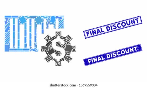 Mosaic barcode price setup pictogram and rectangle stamps. Flat vector barcode price setup mosaic pictogram of randomized rotated rectangle items. Blue caption seal stamps with scratched textures.